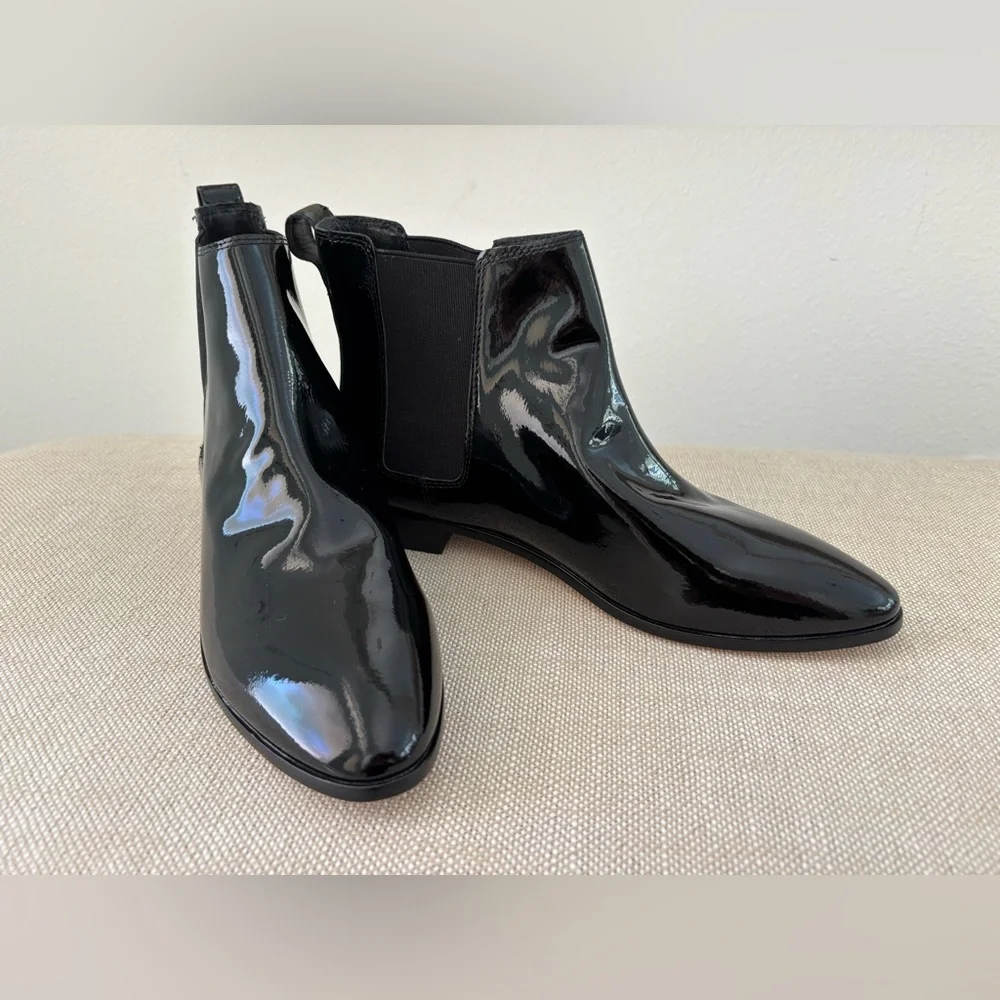 J Crew Patent Leather Booties NWOT Chelsea Pull-On Black Crinkled 7.5